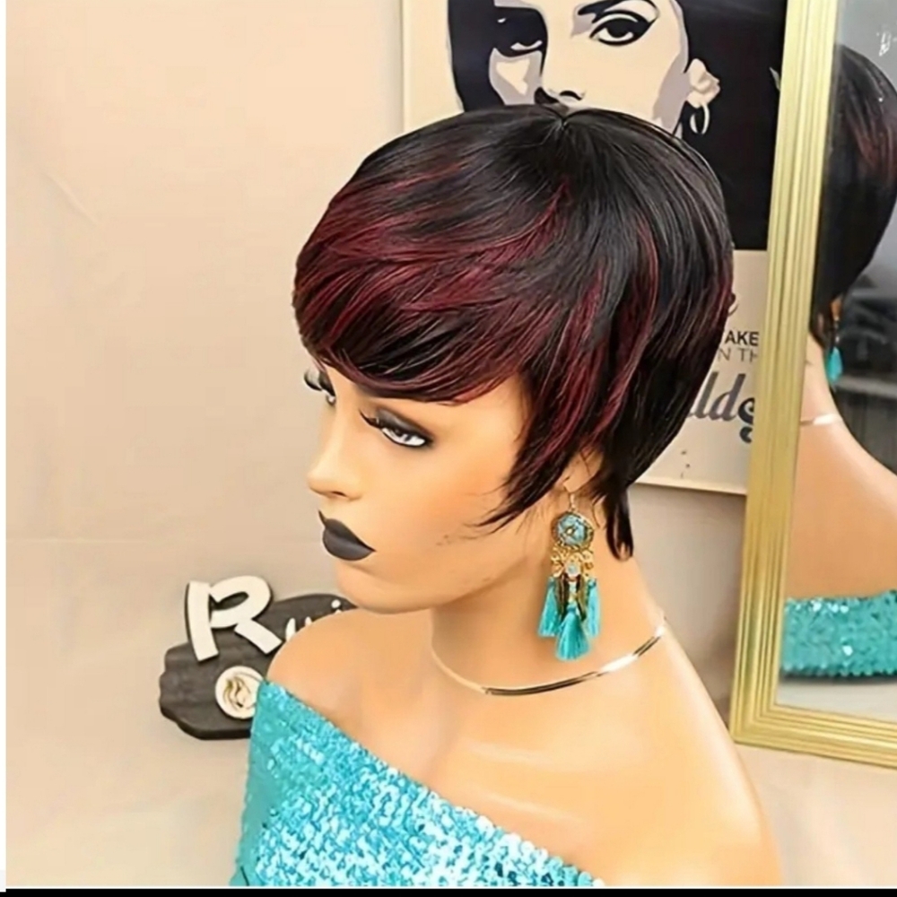 6 inch 1B/Burgundy Pixie Short Wig With Bangs Human Hair Wig Natural Wig